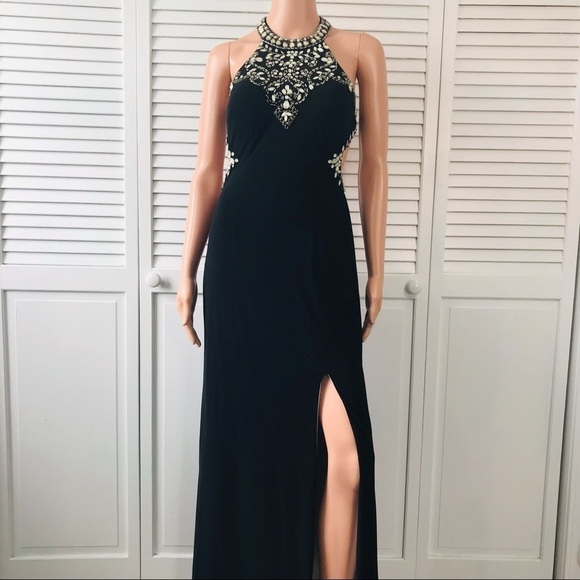 PRICE IS FIRM - BETSY & ADAM Black Beaded Halter Jersey Long Prom Dress Size 6 - Picture 1 of 10